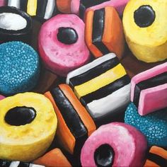 an oil painting of donuts with different colors and designs on them, including pink, yellow, blue, black, and white