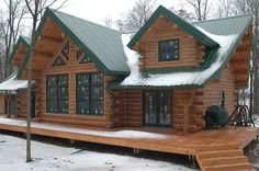 a log cabin with snow on the ground