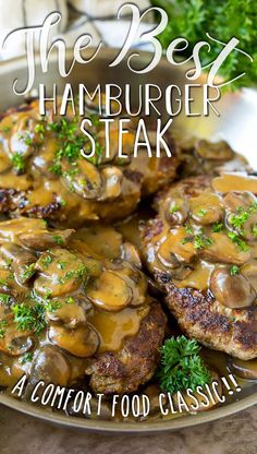 the best hamburger steak is covered in gravy and served on a silver platter