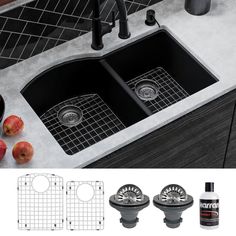 the double sink has two strainers on each side and is surrounded by other kitchen accessories