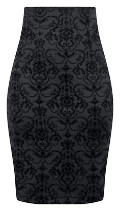 This damask skirt is to die for! Features include a high quality flocked fabrication with stretch, giving a smooth flattering silhouette. Zip side closure and darts in back. Pair this with our Criss Cross Top and your good to go! Waist measurements as follows: Small 24-26", Medium 27-29", Large 30-32", X-Large 32-34", 2XL 34-36" Modern Skirt, Look Grunge, High Waisted Pencil Skirt, Double Trouble, Work Attire, Skirt Outfits, Damask, Criss Cross, Work Outfit