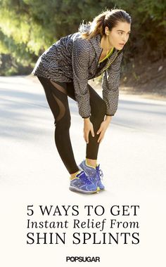 a woman riding a skateboard down a street next to some trees and bushes with the words, 5 ways to get instant relief from shin splints