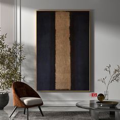 a living room with two chairs and a large painting on the wall above it's coffee table