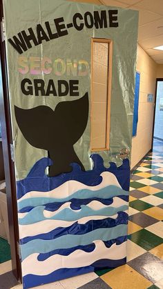 a classroom door with a whale - come sign on the front and back wall, along with an ocean theme