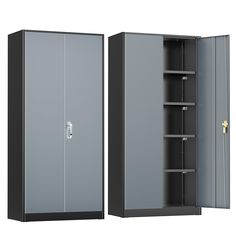 two metal lockers with doors open and closed on each side, one is empty