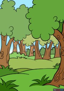 a cartoon scene with trees in the foreground and green grass on the ground below