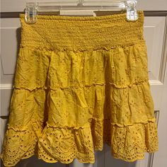 Adorable Yellow Eyelet Skirt Yellow Size Small Nwt Needs To Be Ironed And Then Perfect. American Flag Sweater, Eyelet Skirt, Destroyed Denim, Compression Pants, Corduroy Skirt, High Rise Denim, Pleated Mini Skirt