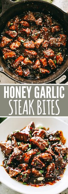 honey garlic steak bites in a skillet