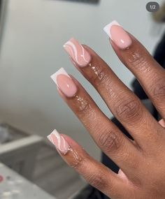 Basic Nail Acrylic Ideas, French Tip With One Nail Different, Pink French Tip Nails Square With Design, French Nails Acrylic Designs, French Tip Short Nails With Design, Short Acrylic Nails With Design, Short French Tip Acrylic Nails With Design, Cute French Tip Nails Designs, French Tip Acrylic Nails With Design