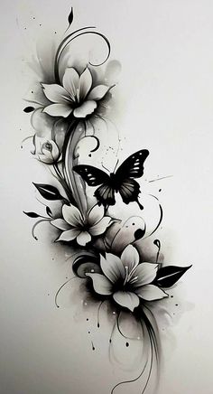 a black and white drawing of flowers with butterflies