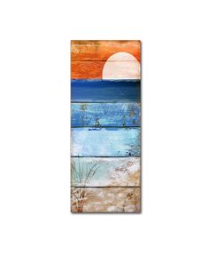 an abstract painting on wood with the sun setting in the sky and water behind it