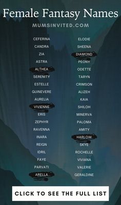 Discover ethereal feminine fantasy names for your characters! Explore our list of dark, unique & meaningful names inspired by nature, the moon & the elements. From fierce warrior queens, elven princesses, & a royal heroine to an evil villainess, or a strong female lead, find the perfect name to capture your character's essence. Uncover Greek names, & short & sweet Japanese names. Browse our A-Z list of over 700 aesthetic fantasy names, for the perfect fantasy world, book, or OC character. Names For Antagonists, Fantasy Names Starting With A, Royal Last Names For Characters List, Fantasy Words List, Fantasy Clothing Names, Good Fantasy Names, Drow Female Names, D&d Character Names