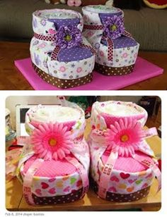 two pictures of baby booties with flowers on them, one is pink and the other is white