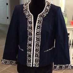 Whbm Embellished With Stones, Clasp Front Jacket, 3/4 Sleeves, Navy, Size 6, Nwt Embellished Jacket, White House Black, White House Black Market, House Black, Blazer Suit, White House, Suit Jacket, Jackets & Coats, Jackets For Women