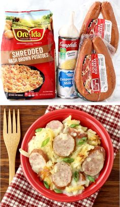 the ingredients for this sausage and egg breakfast are shown in two separate pictures, one is on