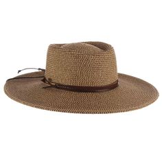 Classy gaucho style hat with flat brim, 4" wide. Sunken crown with straight sidewalls. Faux suede band with waxed cord tie accent. Faux leather chin strap. Adjustable drawstring inside crown. UPF 50+ sun protection hat. One size. 100% toyo braid Adjustable Fedora With Braided Detail And Flat Brim, Adjustable Flat Brim Braided Fedora, Adjustable Braided Fedora With Flat Brim, Adjustable Brown Boater Hat With Flat Crown, Brown Western Boater Hat With Wide Brim, Western Style Brown Wide Brim Boater Hat, Brown Wide Brim Western Boater Hat, Brown Leather Fedora, Brown Adjustable Boater Hat For Fall