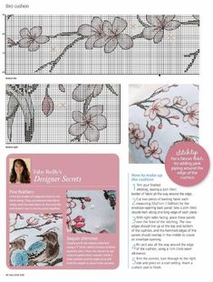 an article in the cross stitch magazine with pictures of flowers and birds on it's side