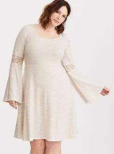 <div>This oatmeal hacci knit skater dress is our softest yet, with a slightly brushed feel. The fitted bodice flares out with a stretchy waistband, with bell sleeves that turn up the volume. Lace insets trim the sleeves, lending romantic appeal.</div><div><br></div><div><b>Model is 5’9.5”, size 1 </b></div><div><ul><li style="list-style-position: inside !important; l... Turn Up The Volume, Knit Skater Dress, Active Outfits, Dress Images, Lace Inset, Turn Up, Plus Size Dress, Curvy Fashion, Playing Dress Up