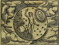 a drawing of a man standing in front of a sun and moon with stars on it