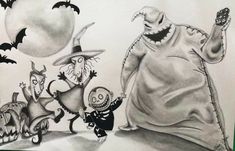 a drawing of halloween characters with bats and pumpkins