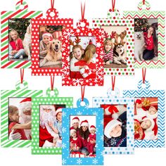 a group of christmas cards hanging from a string with pictures on them and santa's hats