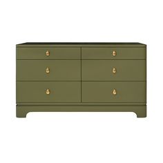 an olive green dresser with gold handles