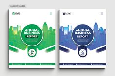 two annual report covers with cityscape in the back and green, blue, and white colors