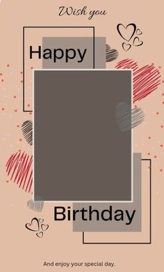 a happy birthday card with an image of a square and hearts in the center on a pink background