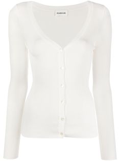 ivory white cotton blend ribbed knit V-neck front button fastening long sleeves straight hem