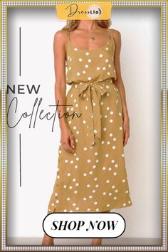 Fashion Casual Dot Split Joint Spaghetti Strap A Line Dresses Casual Polka Dot Sundress For Summer, Trendy Polka Dot Dresses For Summer, Trendy Polka Dot Summer Dress, Polka Dot Spaghetti Strap Vacation Dress, Polka Dot Sundress For Spring Vacation, Spring Polka Dot Sundress For Vacation, Casual Polka Dot Midi Dress For Summer, Chic Polka Dot Sundress For Summer, Trendy Beige Midi Dress For Summer