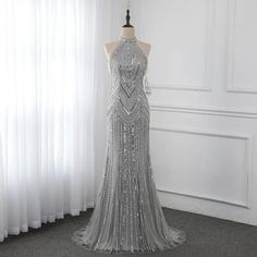 Ready to Ship - Silver Halter Sleeveless Evening Dress - Luxury Mermaid Beading Sequined Gown Silver One Shoulder Dress, Beaded Wedding Dress Mermaid, Heavy Beaded Wedding Dress, Mermaid High, Sequined Gown, Intricate Beading, Custom Bridesmaid Dress, Backless Evening Dress, Satin Evening Dresses