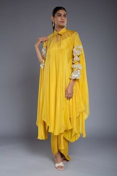 Yellow kaftan with floral, cutdana and pearls patchwork hand embroidery. Comes with a draped skirt, a kurta and an inner. - Aza Fashions Traditional Yellow Kaftan With Floral Embroidery, Yellow Bohemian Kaftan With Printed Motifs, Yellow Embroidered Summer Kaftan, Yellow Kaftan, Multicolor V-neck Kaftan With Floral Embroidery, Yellow Printed V-neck Kaftan, Draped Skirt, Luxury Sale, Flared Sleeves