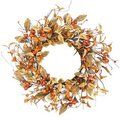 a wreath with orange berries and green leaves