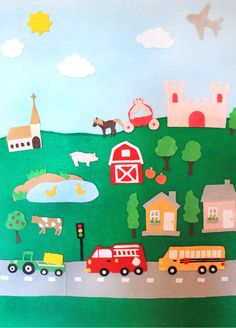 a painting of cars, trucks and farm animals