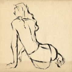 a black and white drawing of a woman sitting on the ground with her back to the camera