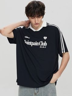 This sporty T-shirt is inspired from 90's soccer uniform with emblem logo and striped detail. It is cut from comfortable and breathable polyester.- Collared V-neck- Graphic print at front - Double strips at sleeves- Point logo label at side- Loose fit Three Stripes T-shirt For Sports Events, Casual Jersey For Streetwear During Football Season, Sporty Three Stripes T-shirt For College, Casual Jersey For Football Season Streetwear, Sporty Short Sleeve Jersey For Streetwear, Casual Sports Jersey With Contrast Stripes, Casual Jersey With Contrast Stripes, Sports Season Jersey With Three Stripes And Crew Neck, Streetwear Jersey With Three Stripes For Sports