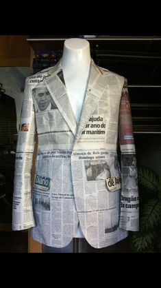 a newspaper print jacket is on display