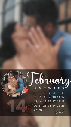 an image of a couple kissing in front of a calendar with the date on it