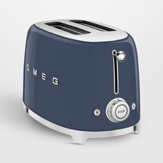 a blue toaster with the word smeg on it