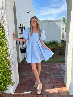 MARILEE MINI DRESS-BLUE – Anderson Ave boutique Poofy Sleeves Dress, Summer Dress Mini, Bat Mitzvah Dresses, Poofy Sleeves, Dress Square Neck, Babydoll Style, Dress Inspo, Activewear Sets, Cotton Midi Dress