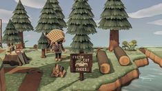 a cartoon character standing in the middle of a forest next to a sign that says fresh cut trees