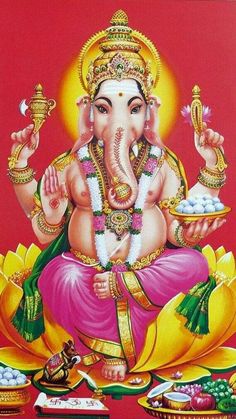 an image of the god ganesha with food in front of him on a red background