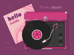 an old record player with a pink cover and the words hello, wasim on it