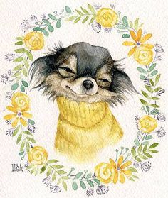 a watercolor painting of a dog wearing a yellow sweater with flowers around its neck