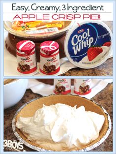 the ingredients for an ice cream pie are shown in three different pictures, including whipped cream and apple crisp pie