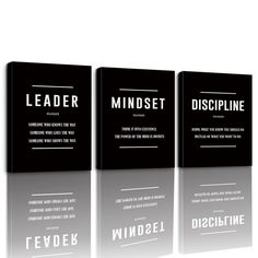 three black and white business cards with the words leader, mindset, discipline