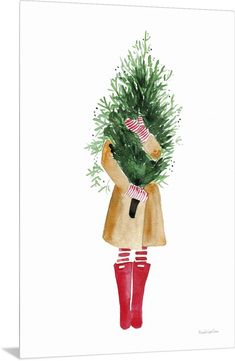 a watercolor painting of a girl holding a christmas tree in her hands and wearing red boots