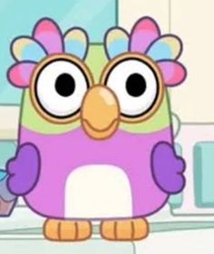 an animated bird with big eyes holding a toothbrush