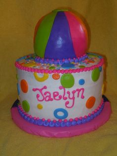 a birthday cake with a beach ball on top