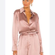 Silk Shaped Collar Blouse Style #: V692412324 Color: Mauve Orchid Size: Xs Luxury V-neck Top For Spring, Luxury Tops For Night Out In Spring, Luxury V-neck Blouse For Work, Luxury V-neck Blouse For Workwear, Elegant Silk Blouse For Date Night, Silk Long Sleeve Blouse For Date Night, Light Teal, Models Off Duty, Revolve Clothing